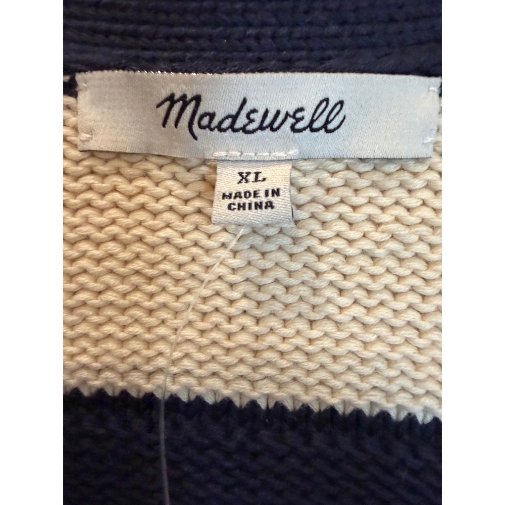 Madewell Striped V-Neck Cardigan Sweater Navy Cream Cotton XL Preppy NWT - Picture 4 of 5